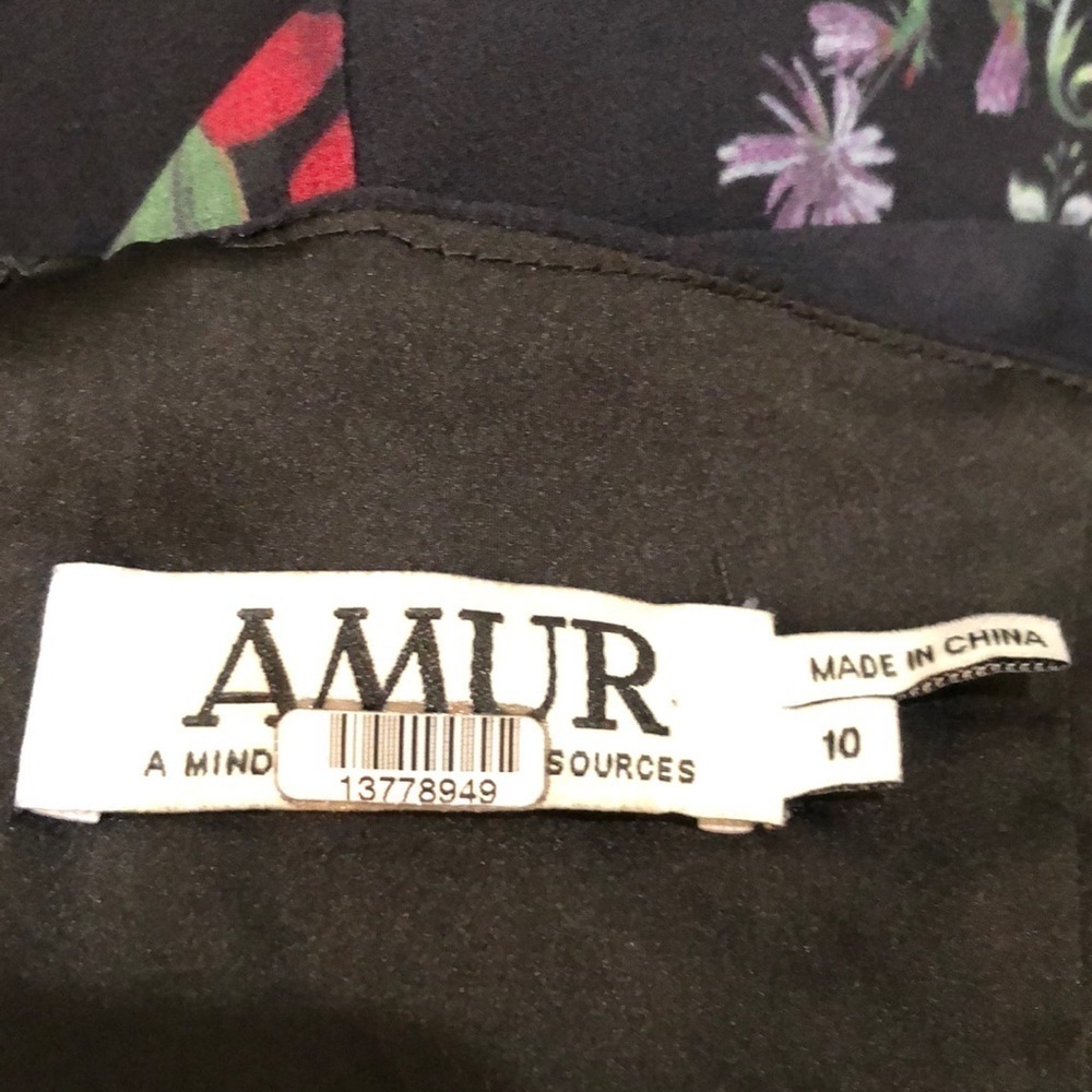 AMUR Pasqualena Midi Dress Size 10 Black Floral Ruffle Puff Sleeve One Shoulder - Picture 6 of 12
